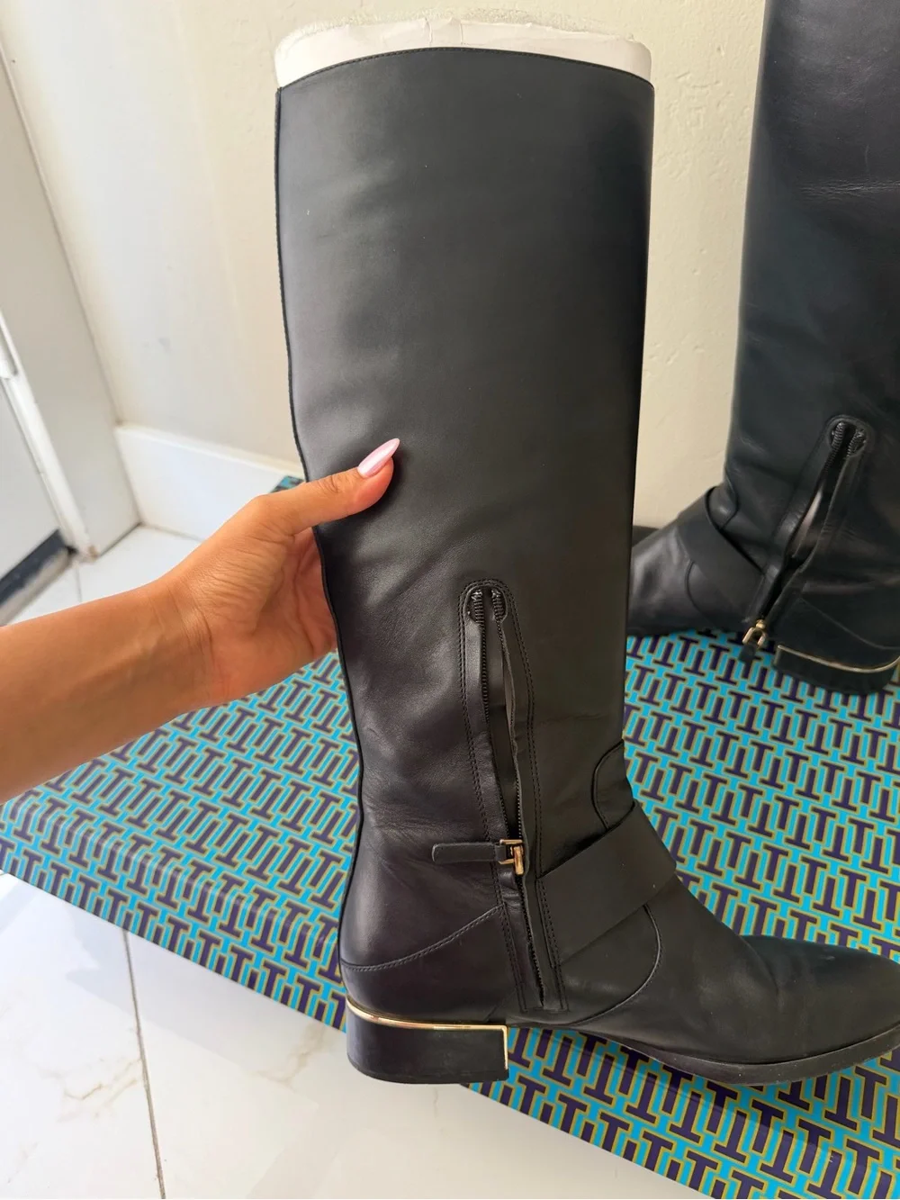 Tory Burch Black Leather Over-the-Knee Boots with Gold Buckle